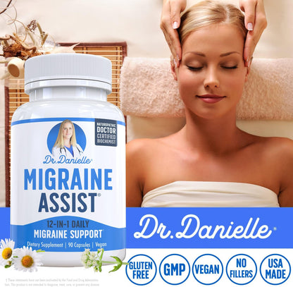 Best Migraine Relief Product with Magnesium - Migraine Assist Supplement with Quercetin, Feverfew, Butterbur, CoQ10 from Dr. Danielle, 90 Capsules