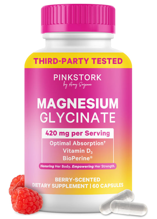 Pink Stork Magnesium Glycinate with Vitamin D, 60 Capsules | Magnesium Supplement for Women, Supports Natural Calm, Mood, and Sleep, Hormone Balance for Women, 1 month supply