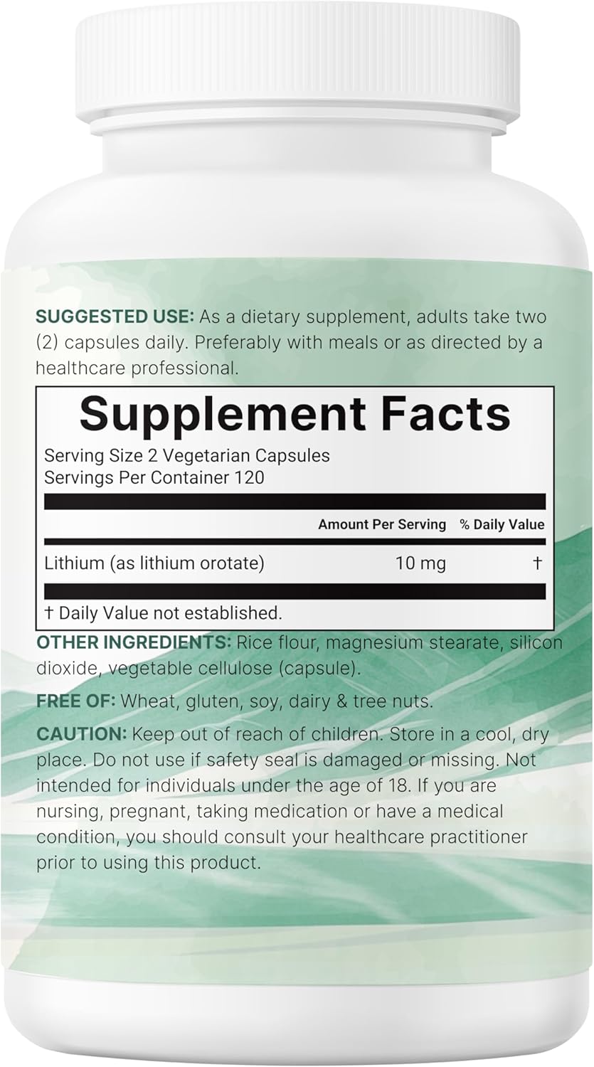 Lithium Orotate 10mg, 240 Veggie Capsules | 5mg Per Capsules | High Bioavailability Trace Mineral | Healthy Aging, Brain Supplement, & Mood Support | Non-GMO, Gluten Free