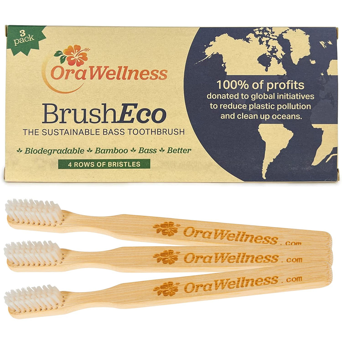 OraWellness BrushEco Bamboo Toothbrush, 3 Rows, Wooden Toothbrush