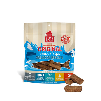 Plato Real Strips Salmon Recipe Dog Treats, Air-Dried High-Protein Soft Strips, Omega-Rich Skin & Coat Support, 18 oz