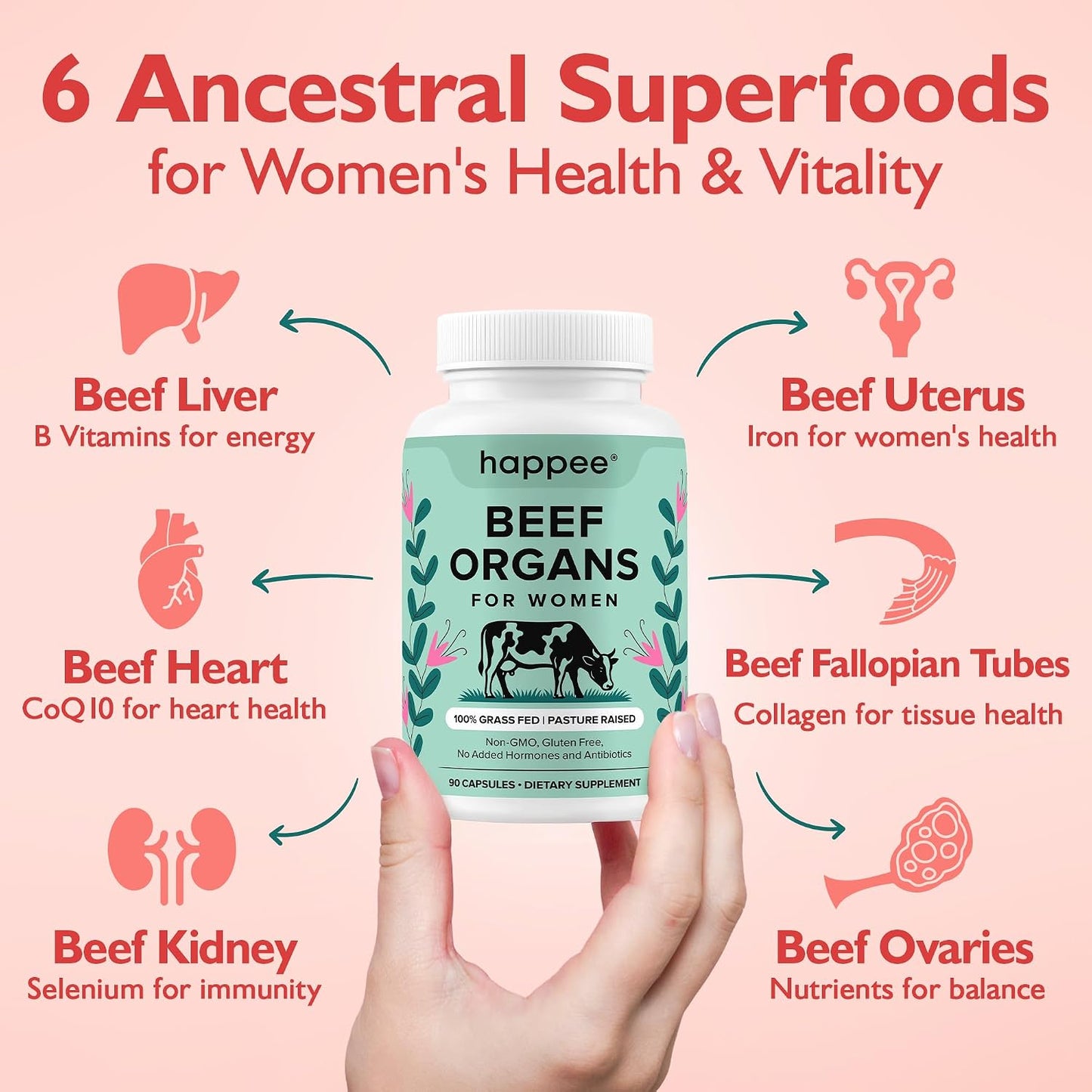 Happee Grass Fed Beef Organ Supplement for Women - Beef Liver, Heart, Kidney, Ovary & Uterus Blend - Hormone Balance, Energy & Cycle Support - 90 Capsules