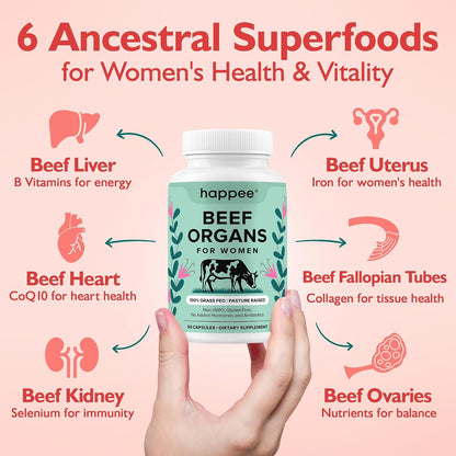 Happee Grass Fed Beef Organ Supplement for Women - Beef Liver, Heart, Kidney, Ovary & Uterus Blend - Hormone Balance, Energy & Cycle Support - 90 Capsules