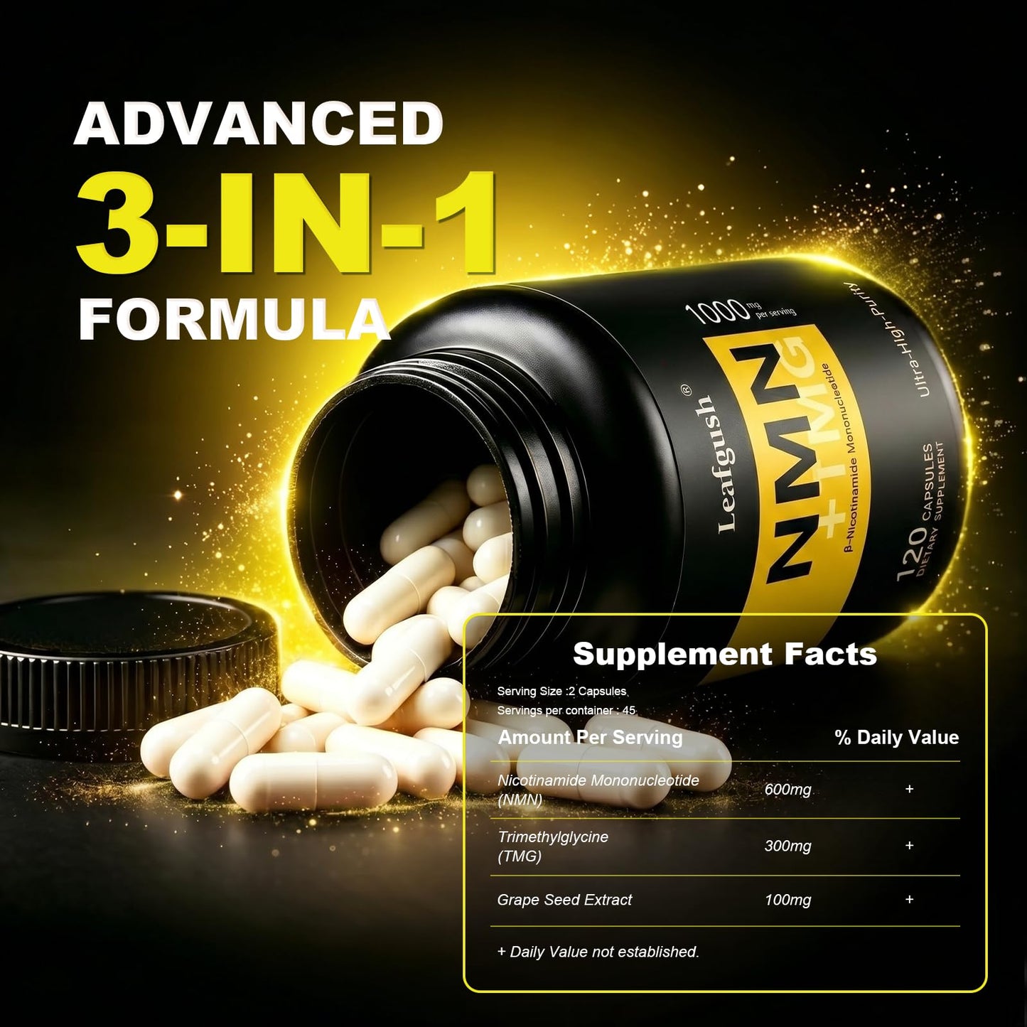 NMN Supplement 1000mg, NAD+ Precursor with TMG 300mg & Grape Seed Extract 100mg | Nicotinamide Mononucleotide for Cellular Energy, Daily Vitality & Healthy Aging Support