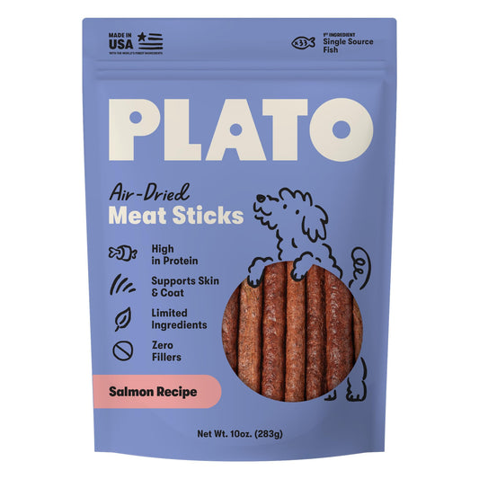 Plato Meat Sticks Salmon Dog Treats, Air-Dried High-Protein Soft Chews with Omega Fish Oil (EPA & DHA), 10 oz