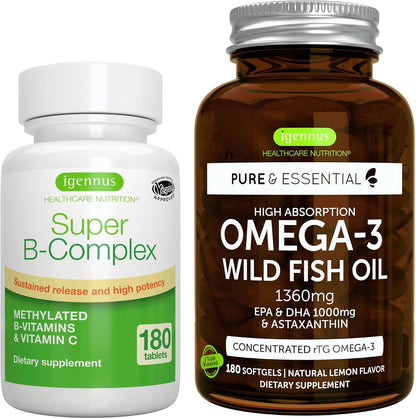 Super B-Complex 180 Tablets & High Absorption Omega-3 Wild Fish Oil 1360mg Bundle, Methylated Sustained Release B Complex and 1000mg EPA & DHA with Astaxanthin, by Igennus