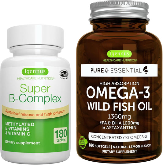 Super B-Complex 180 Tablets & High Absorption Omega-3 Wild Fish Oil 1360mg Bundle, Methylated Sustained Release B Complex and 1000mg EPA & DHA with Astaxanthin, by Igennus