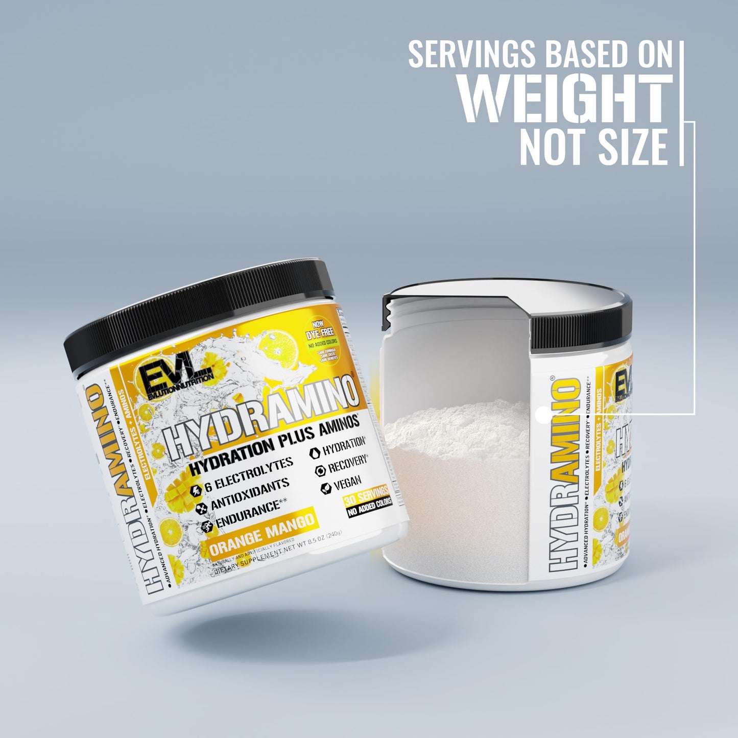 Evlution Nutrition HYDRAMINO Complete Hydration Multiplier, 6 Electrolytes, Vitamin C & B, Fluid Boosting Aminos, Coconut Water, Endurance, Recovery, Antioxidants, 30 Serve, Orange Mango (Dye Free)