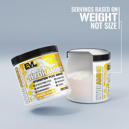 Evlution Nutrition HYDRAMINO Complete Hydration Multiplier, 6 Electrolytes, Vitamin C & B, Fluid Boosting Aminos, Coconut Water, Endurance, Recovery, Antioxidants, 30 Serve, Orange Mango (Dye Free)