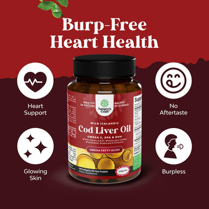 Icelandic Wild Caught Cod Liver Oil Softgels - Fish Omega 3, EPA, DHA, Vitamin D & A, 1000mg Per Serving - Burpless Capsules for Heart, Joint, Brain & Immune Support - 100 Count