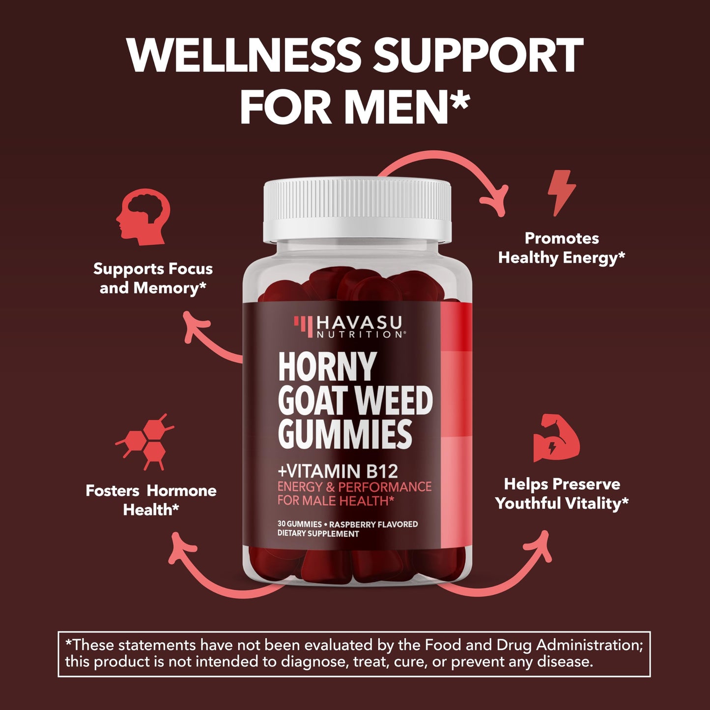 Horny Goat Weed Gummies with Vitamin B12, Raspberry Flavor, 30 Servings | Vegan, Non-GMO Horny Goat Weed Gummies to Support Drive, Vitality and Performance for Men, 60 Count, 1-Month Supply