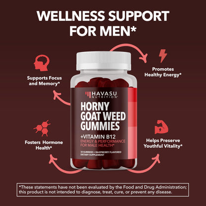 Horny Goat Weed Gummies with Vitamin B12, Raspberry Flavor, 30 Servings | Vegan, Non-GMO Horny Goat Weed Gummies to Support Drive, Vitality and Performance for Men, 60 Count, 1-Month Supply