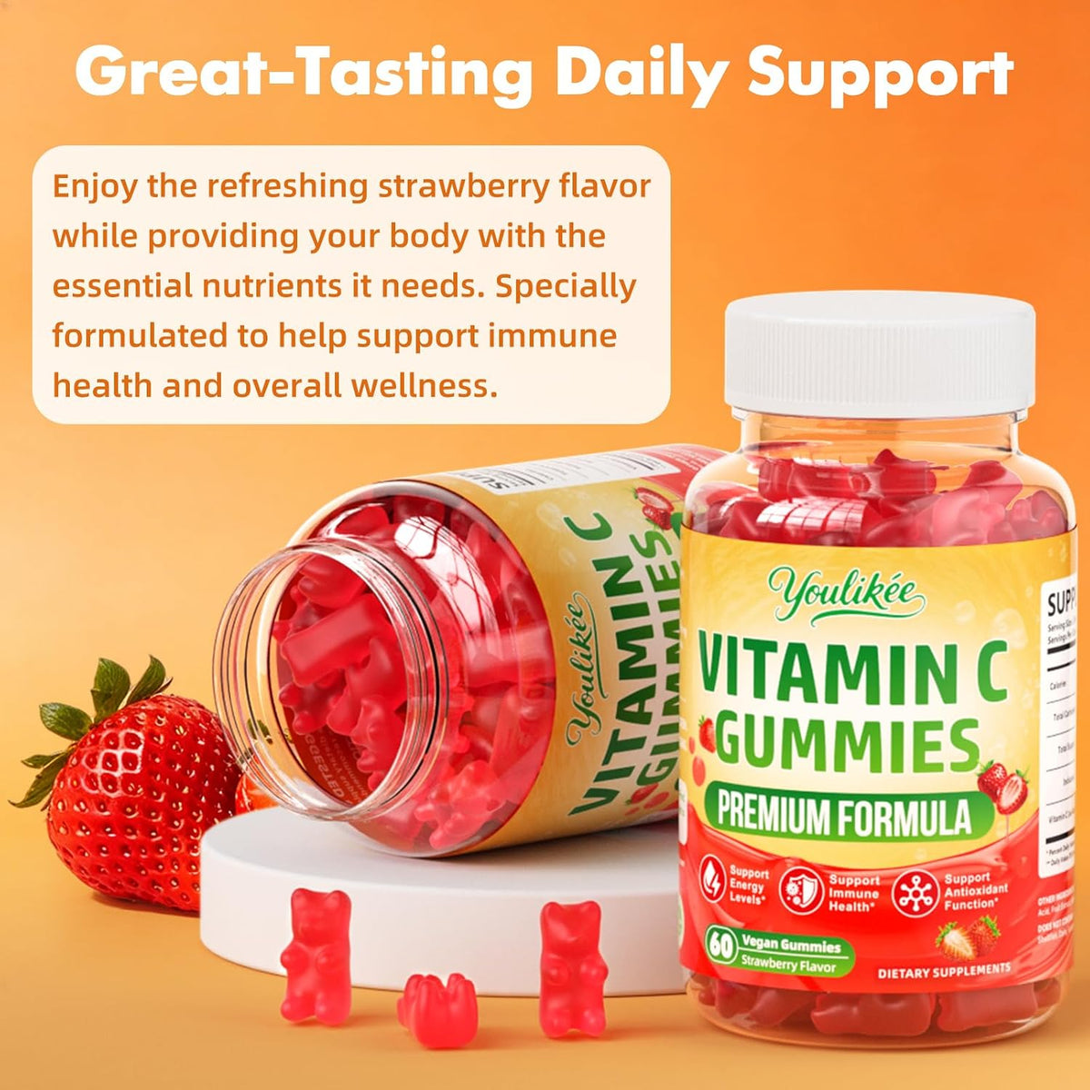 Vitamin C Gummies for Adults, Immune Support Supplement for Energy, 60 Ct | Antioxidant Protection, Non-GMO, Vegan, Sugar-Free, Strawberry Flavor