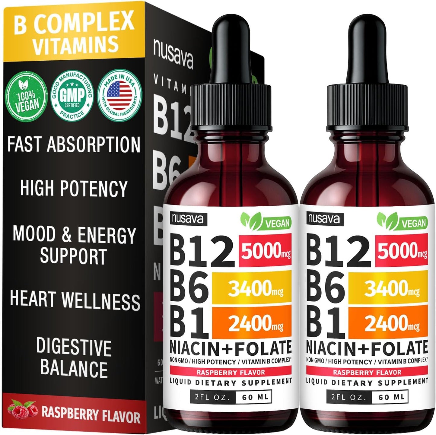 NUSAVA Vitamin B12 Liquid Drops and Strawberry Flavored D3 K2 Bundle — Daily Wellness Liquid Vitamins for Energy & Immune Support — Non-GMO, Gluten-Free, 2pk Each