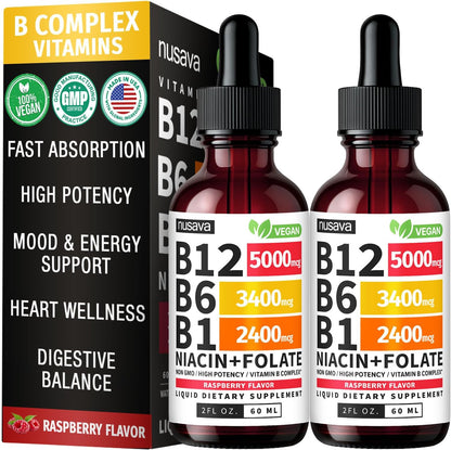 NUSAVA Vitamin B12 Liquid Drops and Unflavored D3 K2 Bundle — Daily Wellness Liquid Vitamins for Energy & Immune Support — Non-GMO, Gluten-Free, 2pk Each