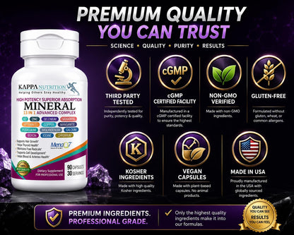 KAPPA NUTRITION Mineral 13 in 1 Advanced Complex with Albion® Chelated Minerals & MenaQ7® MK-7 Vitamin K2 | Calcium, Zinc, Selenium, Chromium, Iodine & Trace Minerals | 90 Vegan Capsules
