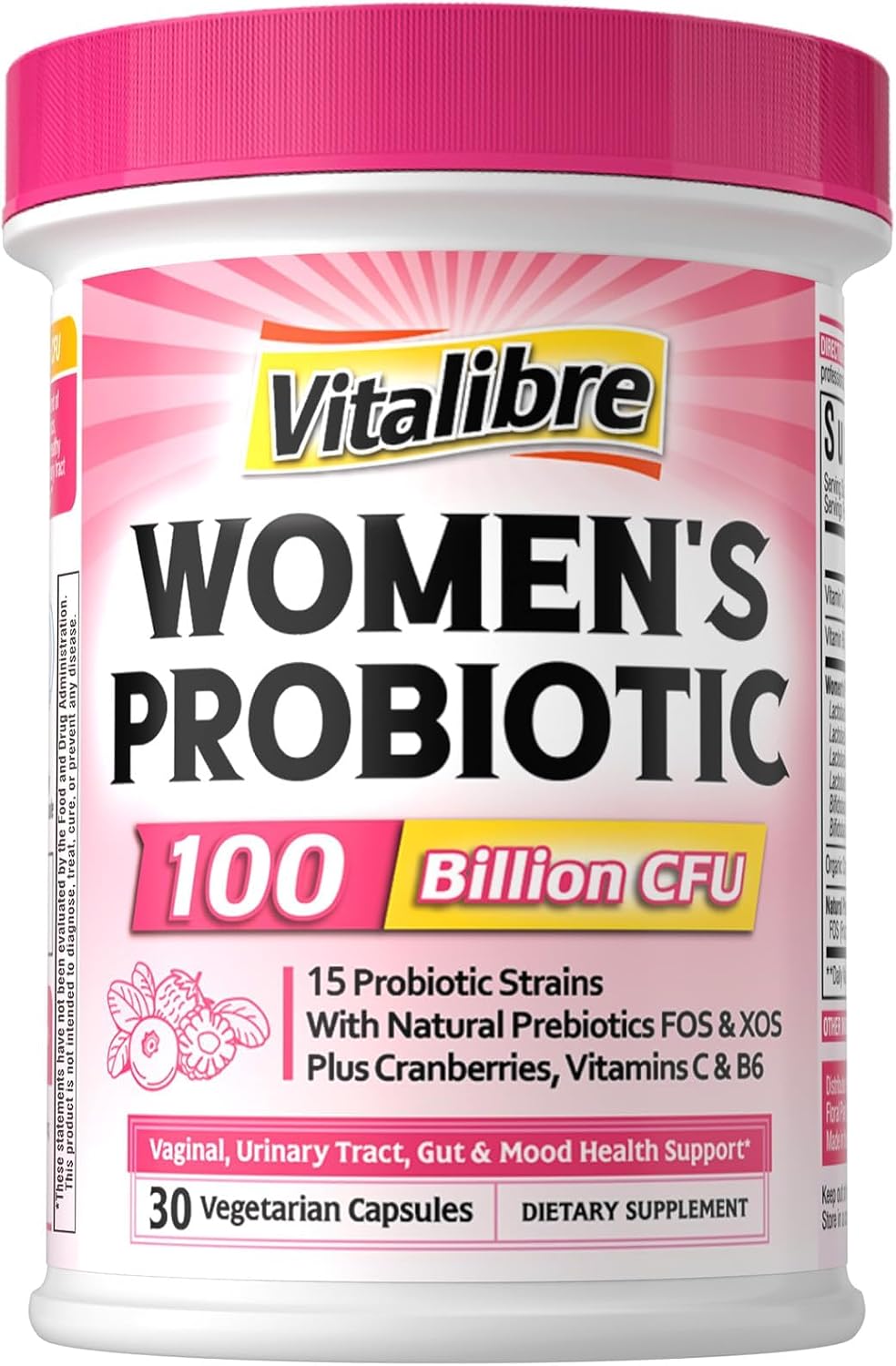 Vitalibre Probiotics for Women 100 Billion CFU 15 Strains, Daily Probiotic | 30 Vegan Capsules, Prebiotic Supplement with Organic Cranberry to Support Vaginal, Digestive, Immune Health, Shelf Stable