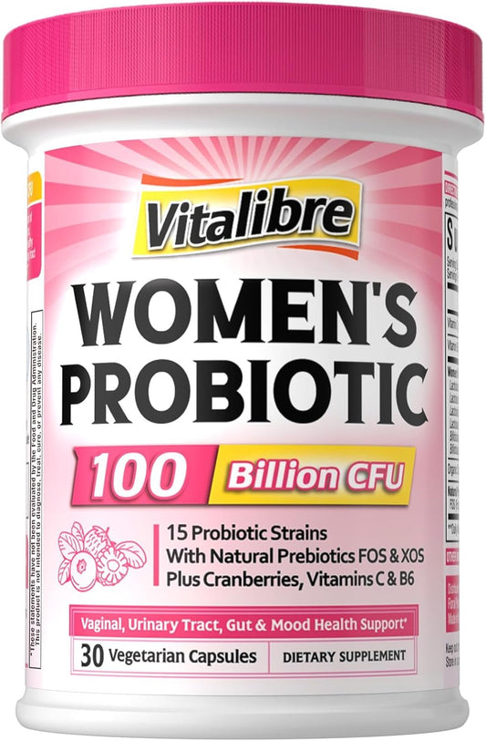 Vitalibre Probiotics for Women 100 Billion CFU 15 Strains, Daily Probiotic | 30 Vegan Capsules, Prebiotic Supplement with Organic Cranberry to Support Vaginal, Digestive, Immune Health, Shelf Stable