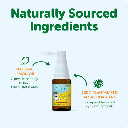 Ddrops Baby Algae DHA + ARA - 30 Sprays - Omega Essential Fatty Acids Support Brian and Eye Development - No Artificial Preservatives, Flavors or Colors