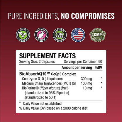 Approved Science® CoQ10 MD - Extra Strength Pure CoQ10 300mg with BioPerine® for Faster Absorption - Optimal Support Supplement - Vegan - 3 Month Supply