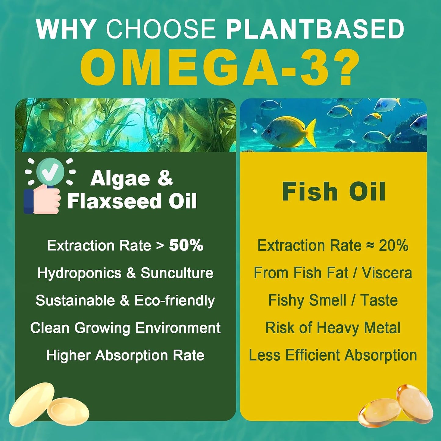 Vegan Omega 3 EPA DHA ALA Supplement + CoQ10, Vitamin D3 K2 (MK7) for Women Men | 1500mg Algae Oil as Fish Oil Alternative | Plant Based Omega 3 Mini Softgels for Bone, Brain, Eye, Skin | 120 Pills