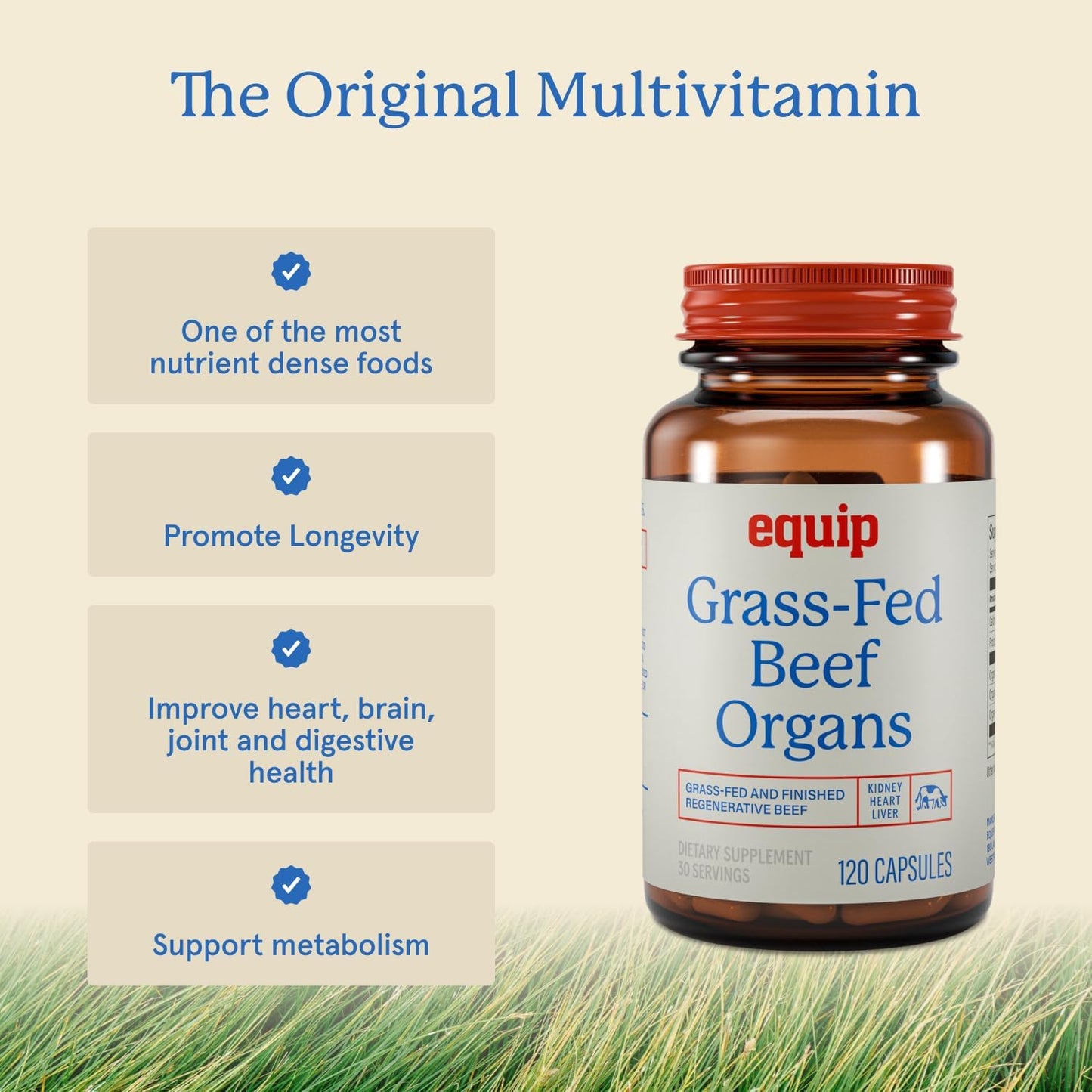 Equip Grass-Fed Beef Organs - Regenerative Freeze Dried Beef Liver Capsules - Includes Kidney & Heart - Natural Multivitamin Organ Supplements to Support Energy, Immunity & Heart Health (30 Servings)