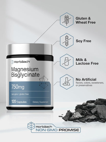 Horbäach Magnesium Bisglycinate | 120 Capsules | 750mg | Non-GMO and Gluten Free Supplement