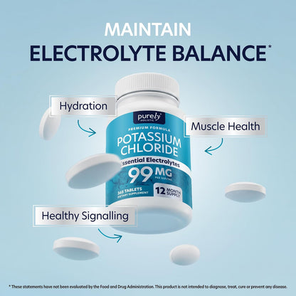Potassium Chloride Supplement, 1 Year Supply, Heart Health & Fluid Support | With Potassium 99mg Per Serving for Circulatory Health Electrolyte & Fluid Balance Support, Gentle on Digestion, 365 Tablets