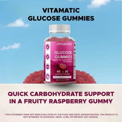 Vitamatic Glucose chewable Gummies - 60 Count - Natural Raspberry Flavor - 4G of Carbohydrate per Serving (1 Bottle) | 4 g Carbohydrates per Serving, Pectin-Based, Gluten Free, Non GMO
