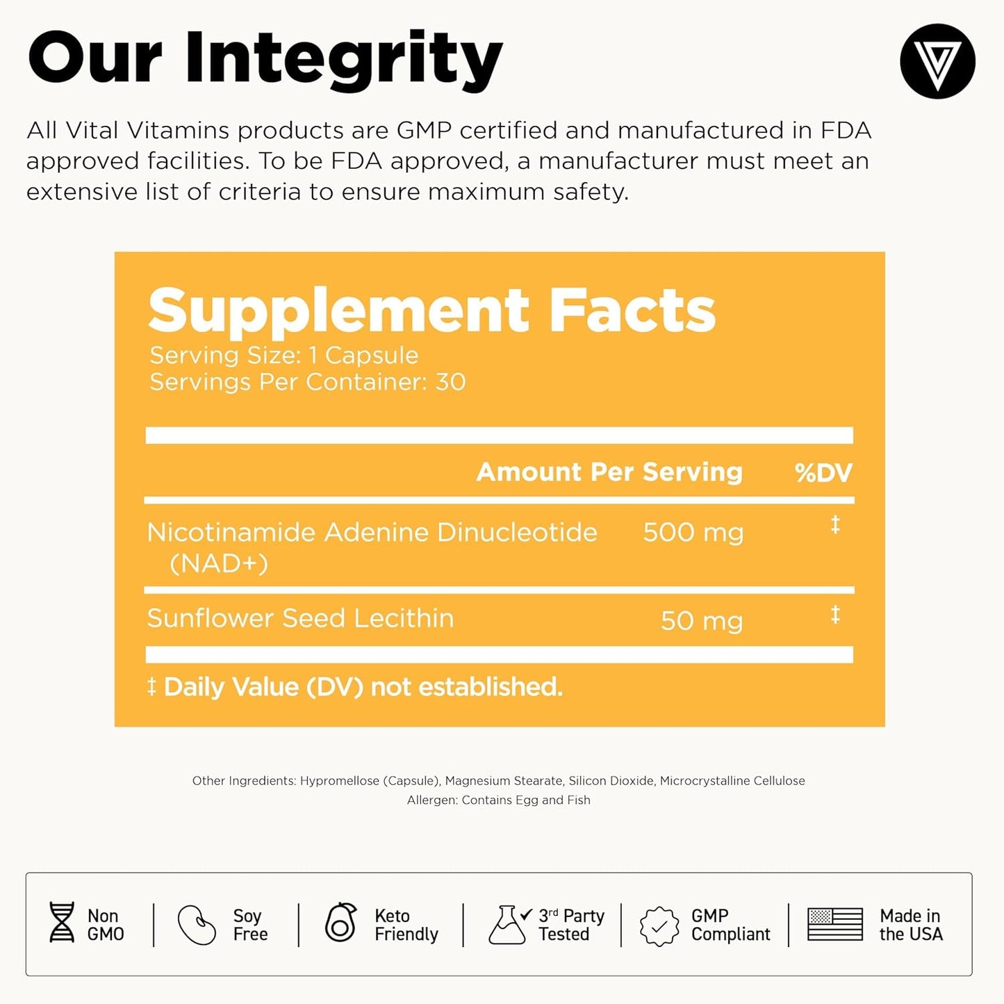 Vital Vitamins NAD+ Supplement, 500mg Liposomal for Better Absorption | Supports Cellular Energy, Brain Health and Healthy Aging, Vegan, 30-Day Supply