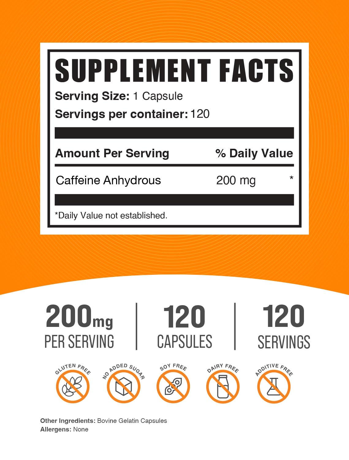 BulkSupplements.com Caffeine 200mg Capsules - Supplement for Energy Boost, Caffeine Pills 200mg - Gluten Free, 1 Capsule per Serving, 120 Count (Pack of 1)
