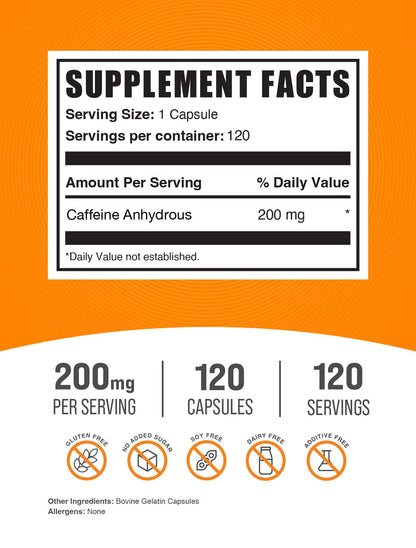 BulkSupplements.com Caffeine 200mg Capsules - Supplement for Energy Boost, Caffeine Pills 200mg - Gluten Free, 1 Capsule per Serving, 120 Count (Pack of 1)