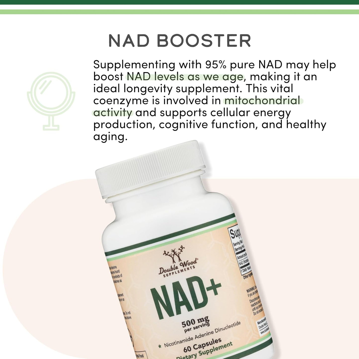 Double Wood Supplements NAD+ Anti Aging & Cell Regeneration | 500mg of 95% Pure NAD Plus Per Serving, 30 Day Supply | Similar to Nicotinamide Riboside | Third Party Tested, Vegan Safe, Non-GMO