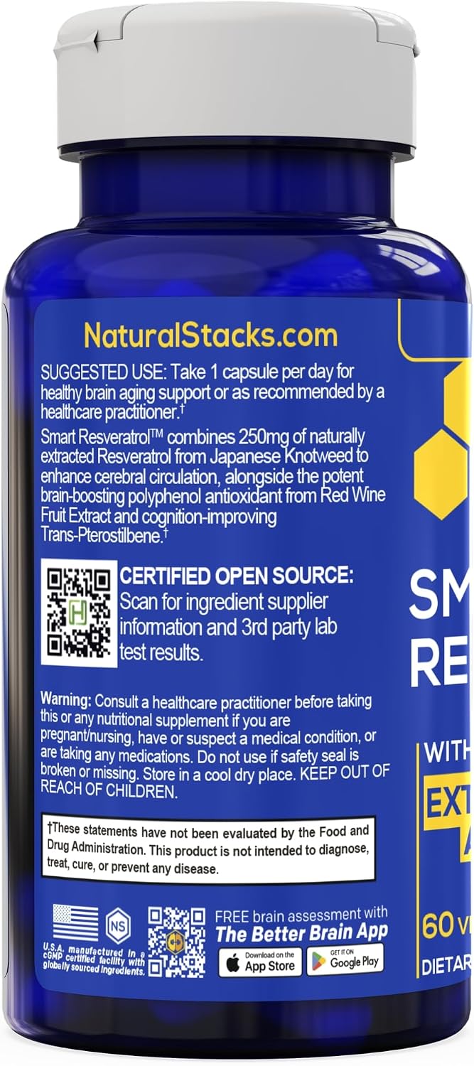 Resveratrol 250mg With Trans-Pterostilbene, Antioxidant Support, 60 Count | Sourced from Japanese knotweed with 200mg red wine extract. Extra strength formula for healthy aging and cellular defense.