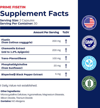 BONE SCIENCE Prime Fisetin 98% Plant-Based Flavonoid Supplement with Chamomile Extract, Trans-Pterostilbene, Phosphatidylcholine, and BioPerine
