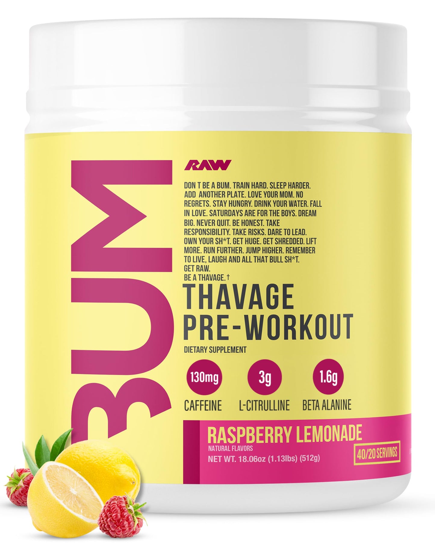 RAW Pre Workout Powder, Thavage (Beach Bum) - Chris Bumstead Sports Nutrition Supplement for Men & Women - Cbum Pre Workout for Working Out, Hydration, Mental Focus & Energy - 40 Servings