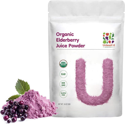 UNLEASH'D ORGANIC Organic Elderberry Juice Powder 16 oz – 100% Pure Natural Superfood, Rich in Antioxidants & Vitamins