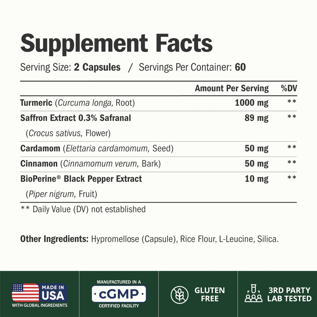 Saffron Supplements w/Saffron Extract 89mg + 1000mg Turmeric Curcumin 60Ct