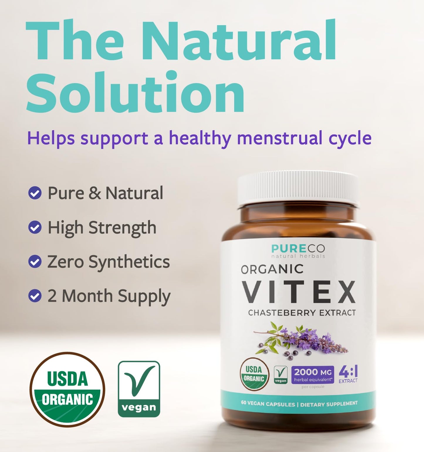 Organic Vitex Chasteberry Supplement for Women - High Strength Chaste Tree Berry Extract Supports Hormone Balance for Women from PMS to Menopause - Filler Free Vegan & Non-GMO (2 Month Supply)