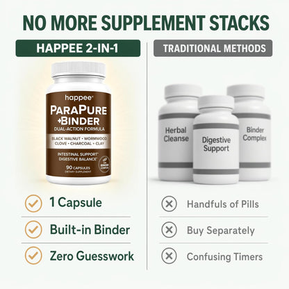 Happee ParaPure Cleanse with Binder for Humans, Intestinal Support, 2-in-1 | Wormwood, Black Walnut, Clove with Charcoal Binder for Digestive Balance (No Stack Needed) 90 Capsules