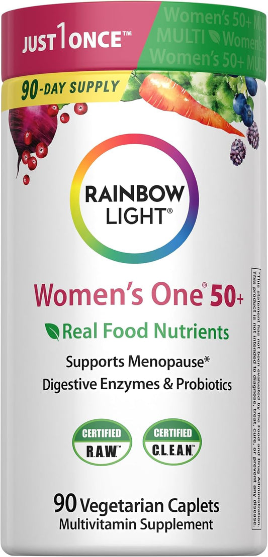 Rainbow Light Womens One + Multivitamin 50 Plus | 90 Caplets | Supports Menopause | Real Food Nutrients, Digestive Enzymes & Probiotics