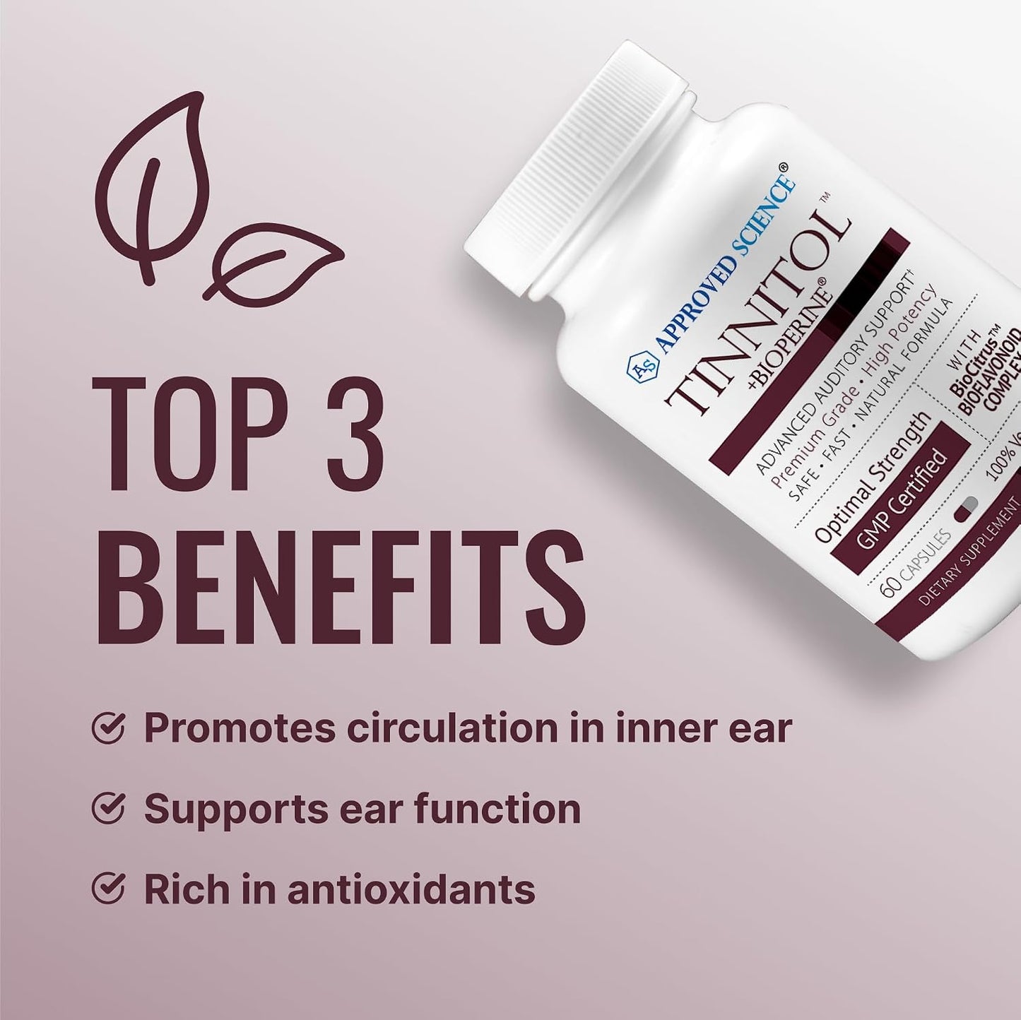 Approved Science Tinnitol - Tinnitus Support Supplement - Ease Ringing in The Ears - Boost Inner Ear Health - 60 Capsules - Made in The USA