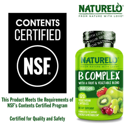 NATURELO Vitamin B Complex,120 Capsules, Vegan, CoQ10, Methyl Folate, Biotin, Fruit & Veg Blend, Supports Energy and Healthy Stress Response, Super B Complex Vitamins for Women and Men