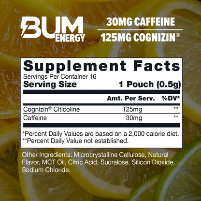 Bum Energy Pouches, Citrus, 30mg Caffeine + 125mg Cognizin Citicoline, Clean Energy & Focus, Discreet Oral Energy Pouches, 5 Packs of 16 Count