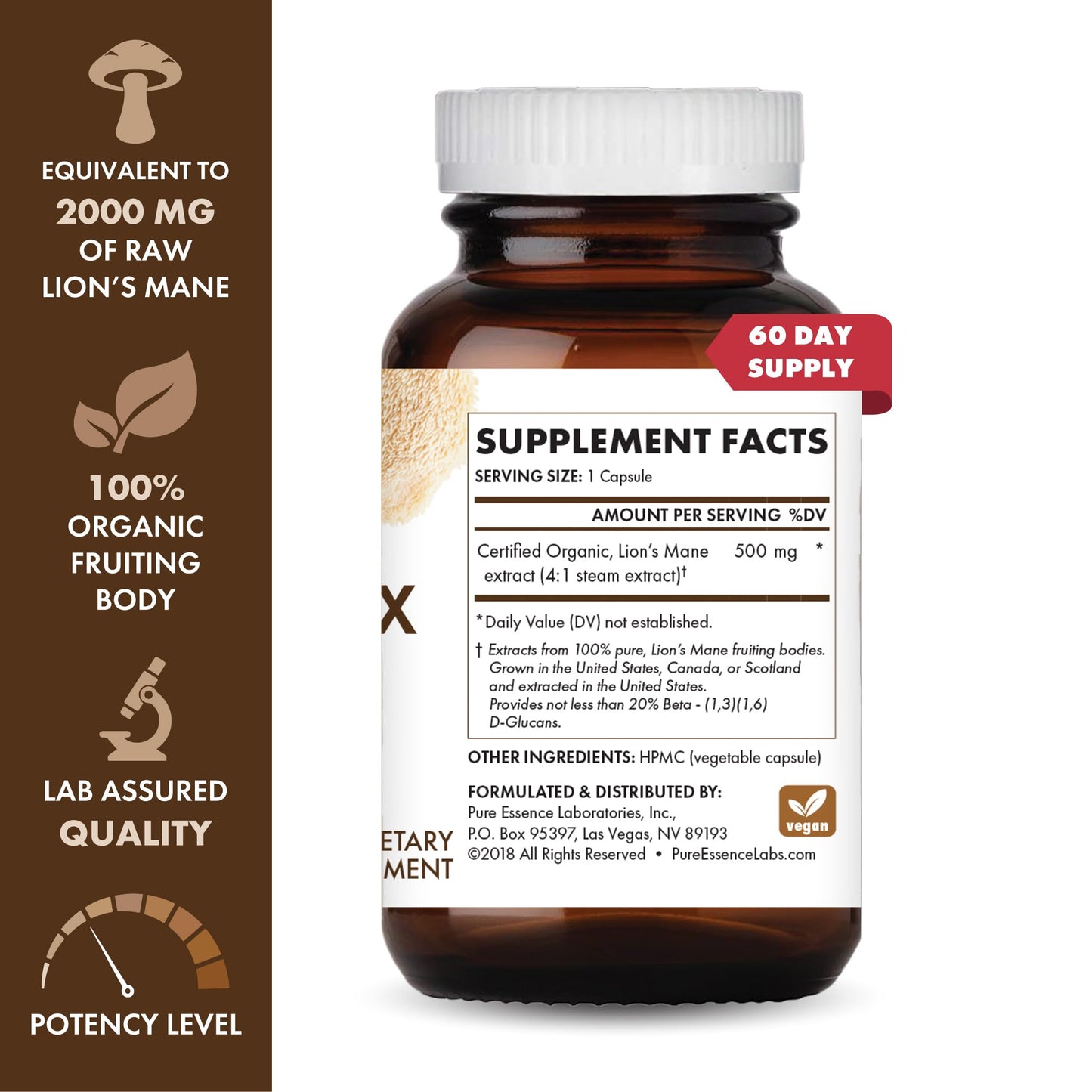 PURE ESSENCE LABS MyPure Lion's Mane 2X - Double Strength Brain Support Supplement with 100% Organic Fruiting Body Lion's Mane for Cognitive Health, Focus, Memory & Mental Clarity, 30 Capsules