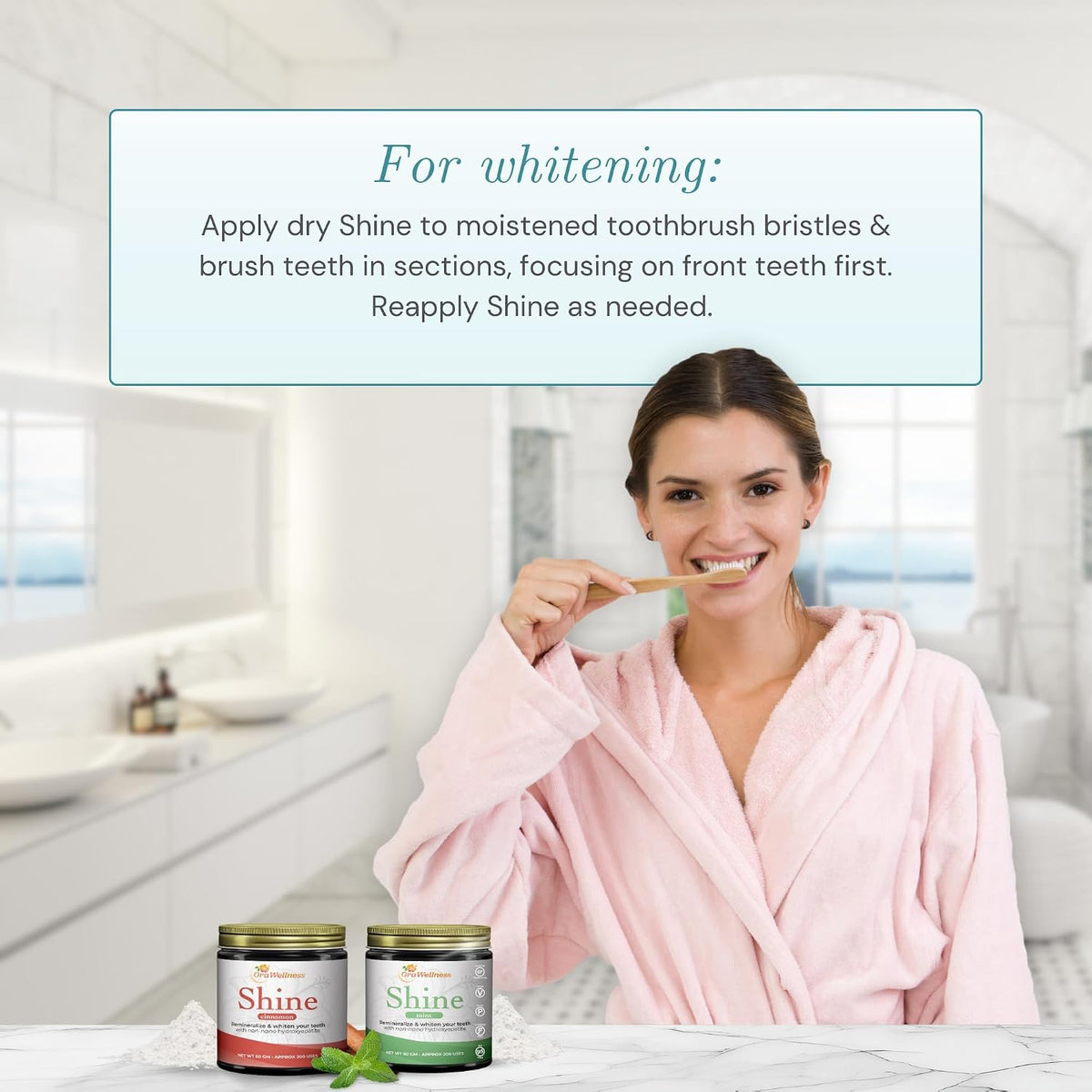 OraWellness Shine Mint Remineralizing Tooth Whitening Powder + BrushEco Bamboo Toothbrush with 3 Rows