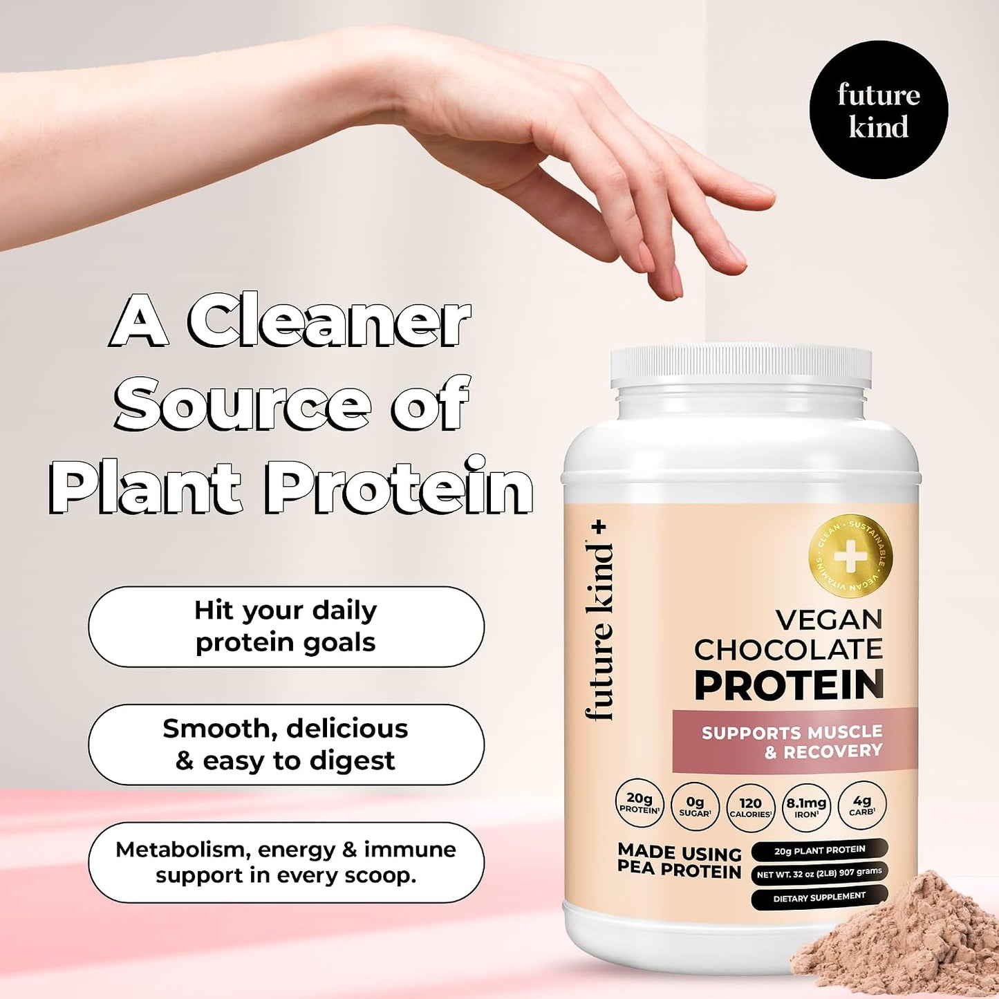 Future Kind Vegan Protein Powder, Chocolate, Pea Plant Protein for Lean Muscle with Iron & Fiber, Whey-Free, Sugar-Free, Soy-Free, Non-Dairy (34 Servings)