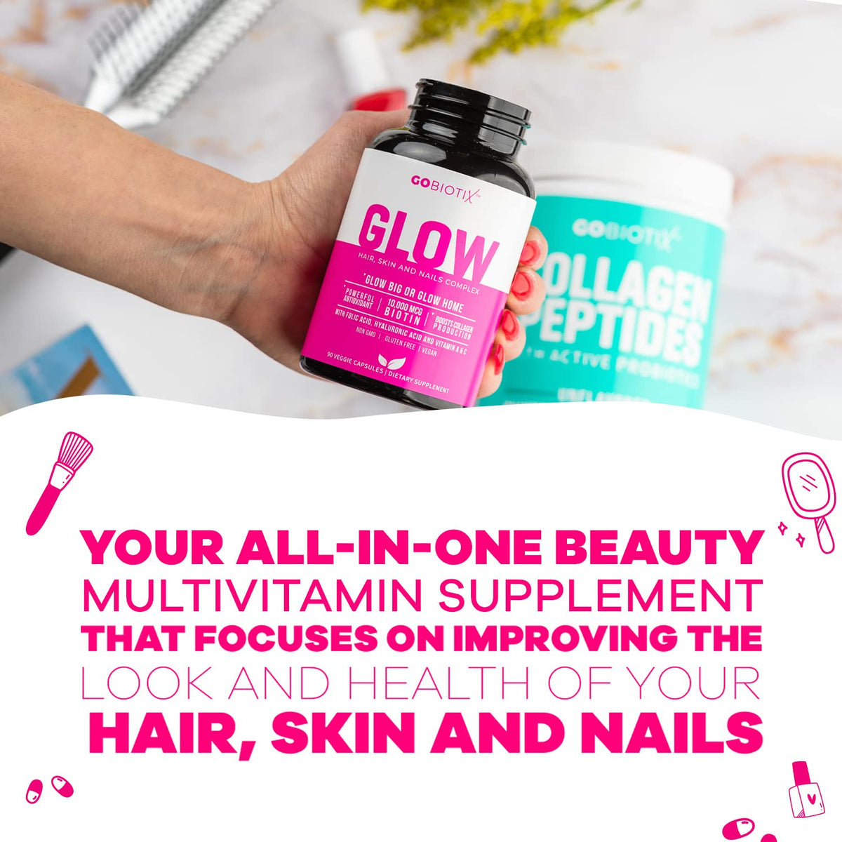 Glow Vitamins - Hair Skin and Nails Multivitamin Supplement - 10,000mcg Biotin Pills
