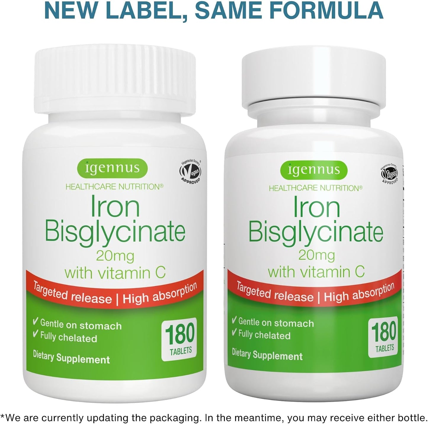 Igennus Clean & Gentle Iron Bisglycinate 20mg Plus Vitamin C, 6 Month Supply, Targeted Release, Chelated High Absorption Ferrous Bisglycinate, Vegan, 180 Tablets
