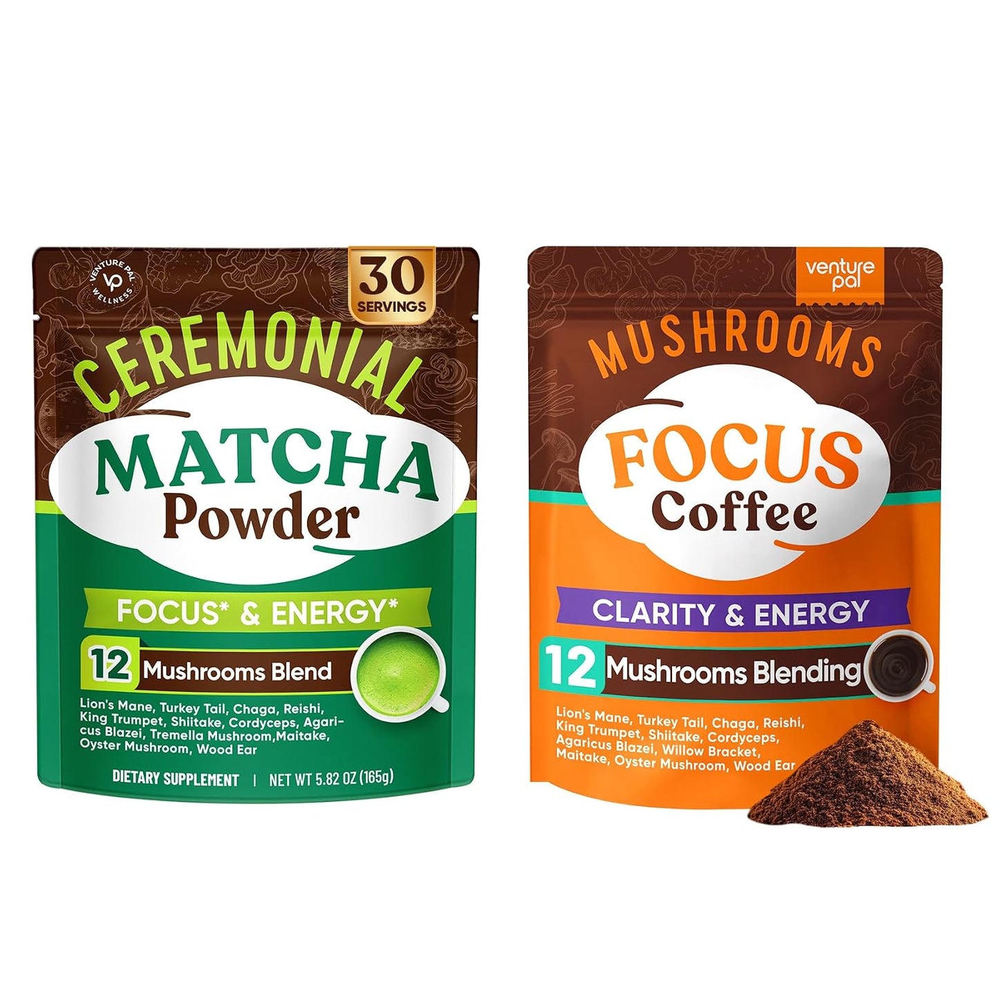 Venture Pal Ceremonial Grade Mushroom Matcha Powder + Mushroom Coffee - Focus, Energy & Digestion - Vegan